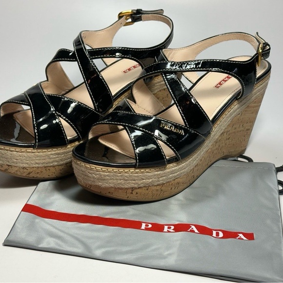 NEW Prada Glossy Black Patent Leather 4” inch Heel Wedge Sandals NIB w/ Dustbag - Picture 1 of 13
